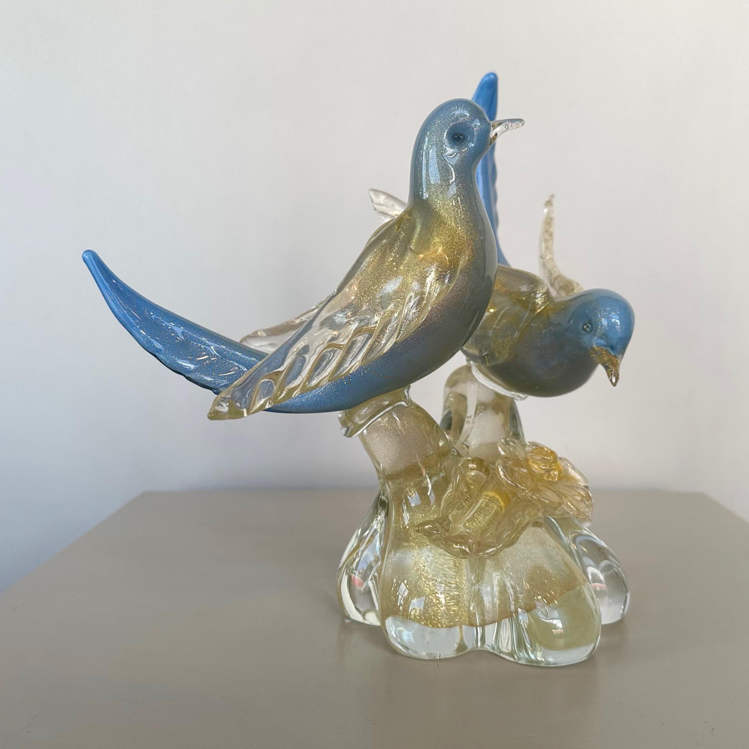 Alfredo Barbini for Salviati Murano Glass Blue Bird Pair with Gold Flecks, 1950s 1