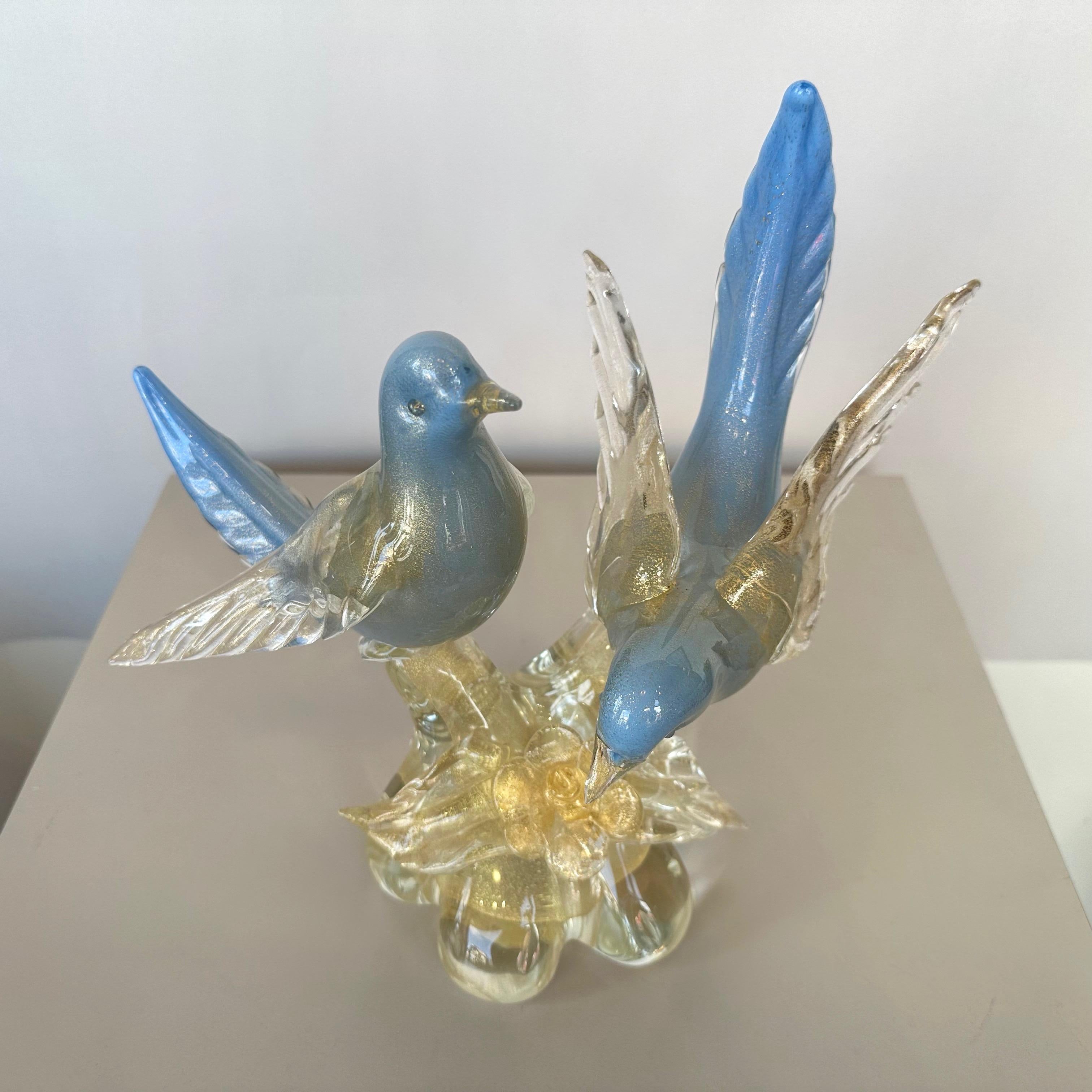 Alfredo Barbini for Salviati Murano Glass Blue Bird Pair with Gold Flecks, 1950s 2