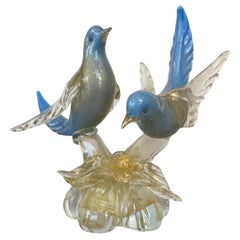 Vintage Alfredo Barbini for Salviati Murano Glass Blue Bird Pair with Gold Flecks, 1950s