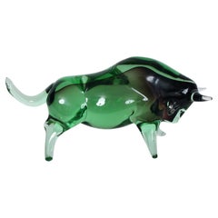 Alfredo Barbini Green and Clear Murano Glass "Bull" Table Sculpture, 1969