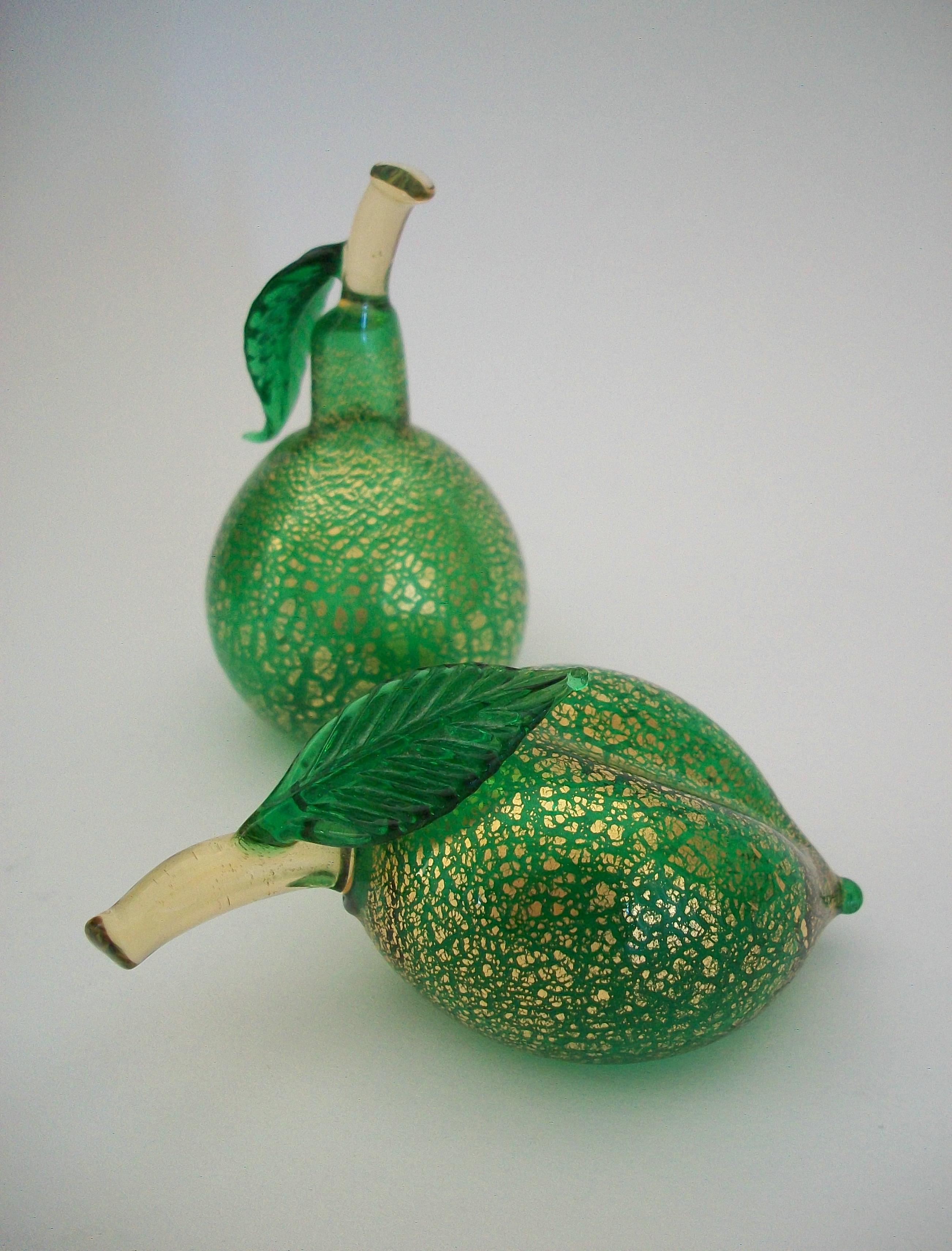 ALFREDO BARBINI (Attributed) - Rare Mid Century Murano glass ' lemon and pear ' - hand made / mouth blown with green glass bodies and solid amber glass stems and pressed green glass leaves - striking gold flakes throughout the bodies of each piece -