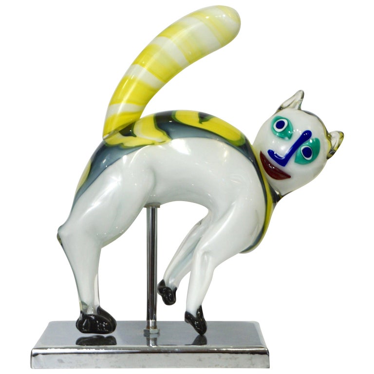 Alfredo Barbini Italian Modernist White Yellow Murano Art Glass Cat