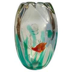 Alfredo Barbini Gran y vibrante jarrón acuario de cristal artístico de Murano Italiano Años 50