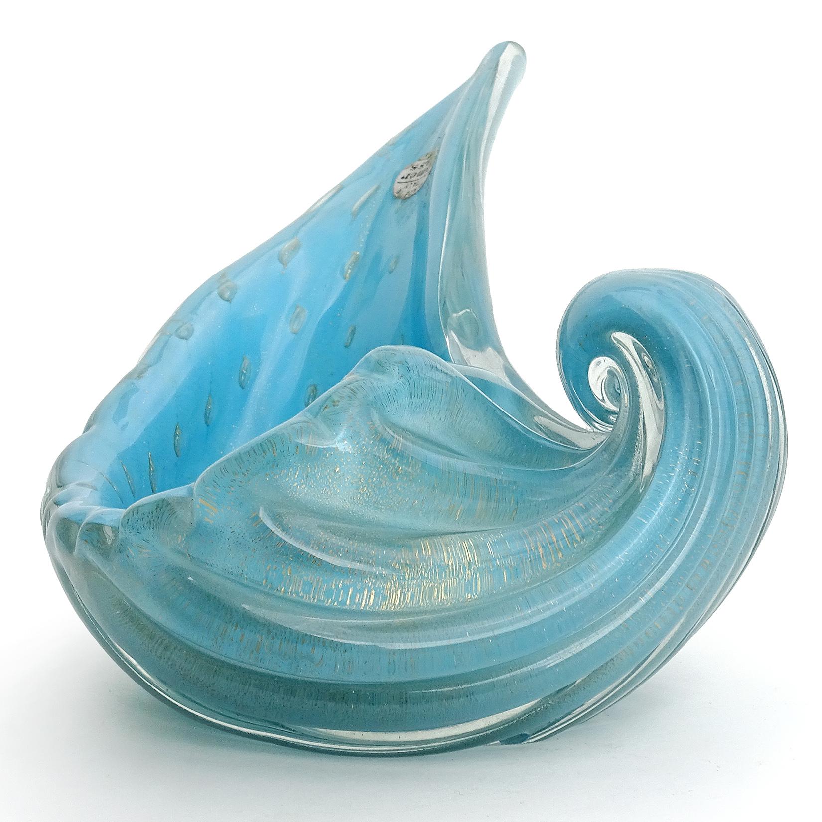 Mid-Century Modern Alfredo Barbini Murano 1950s Blue Gold Flecks Italian Art Glass Seashell Bowl