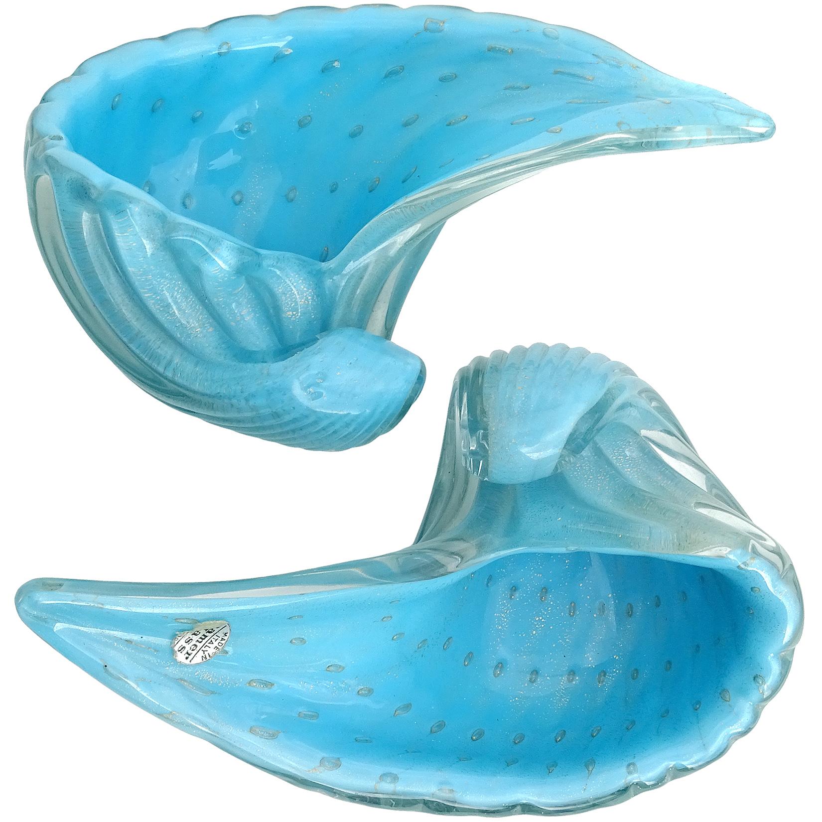 Alfredo Barbini Murano 1950s Blue Gold Flecks Italian Art Glass Seashell Bowl 1