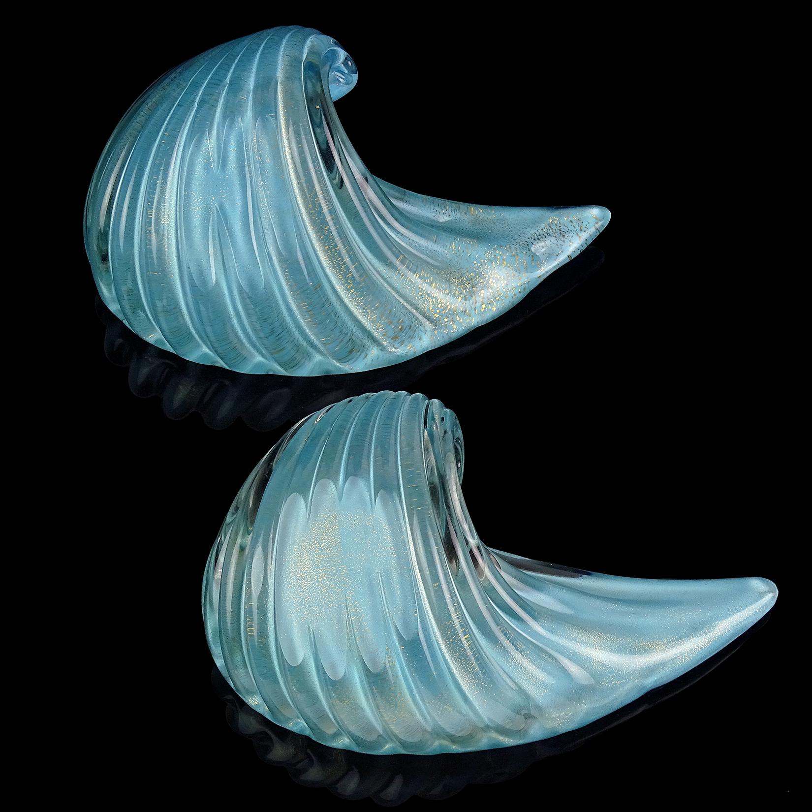Alfredo Barbini Murano 1950s Blue Gold Flecks Italian Art Glass Seashell Bowl 2