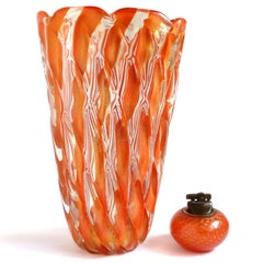 Alfredo Barbini Murano 1950s Orange Stripes Gold Flecks Italian Art Glass Vase