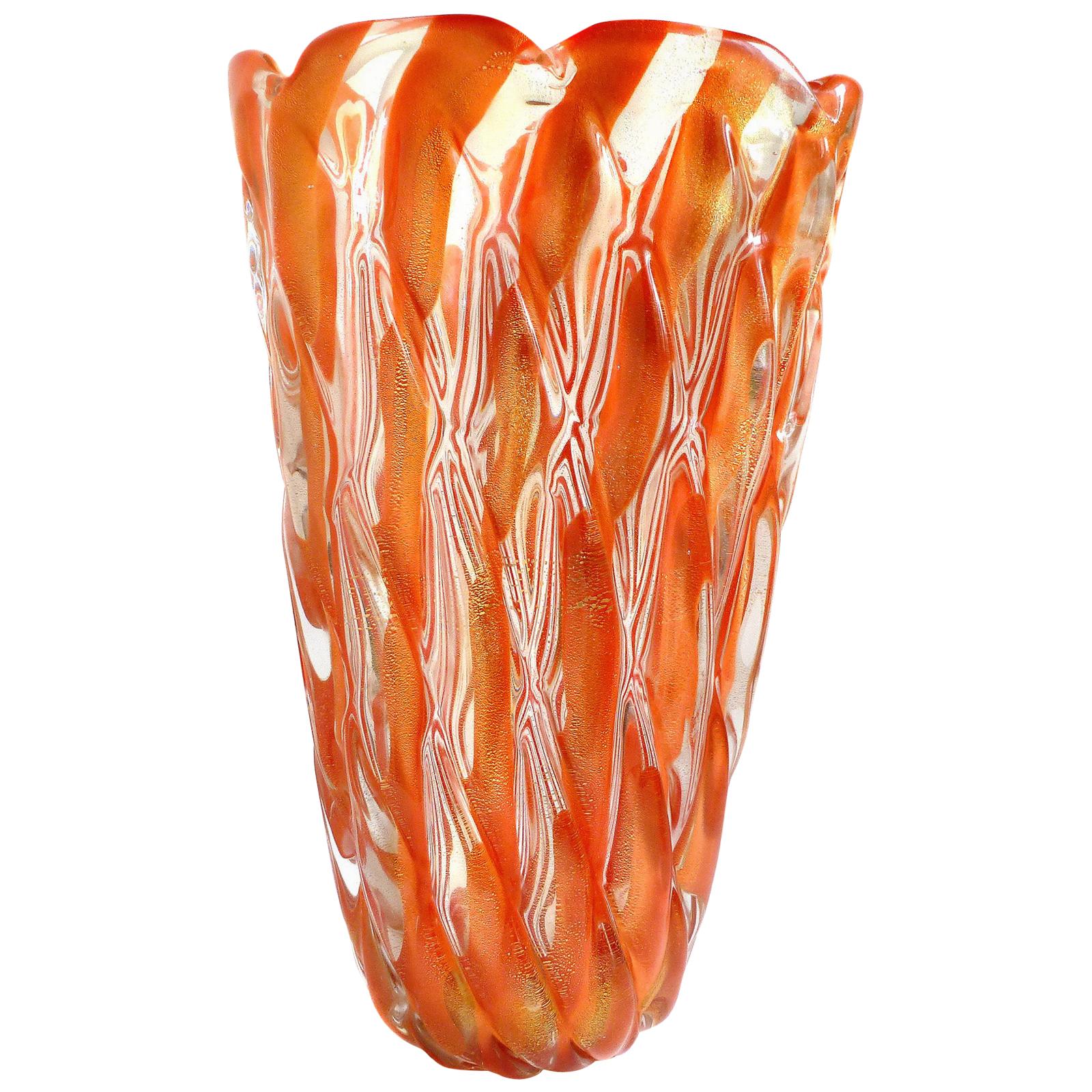 Alfredo Barbini Murano 1950s Orange Stripes Gold Flecks Italian Art Glass Vase