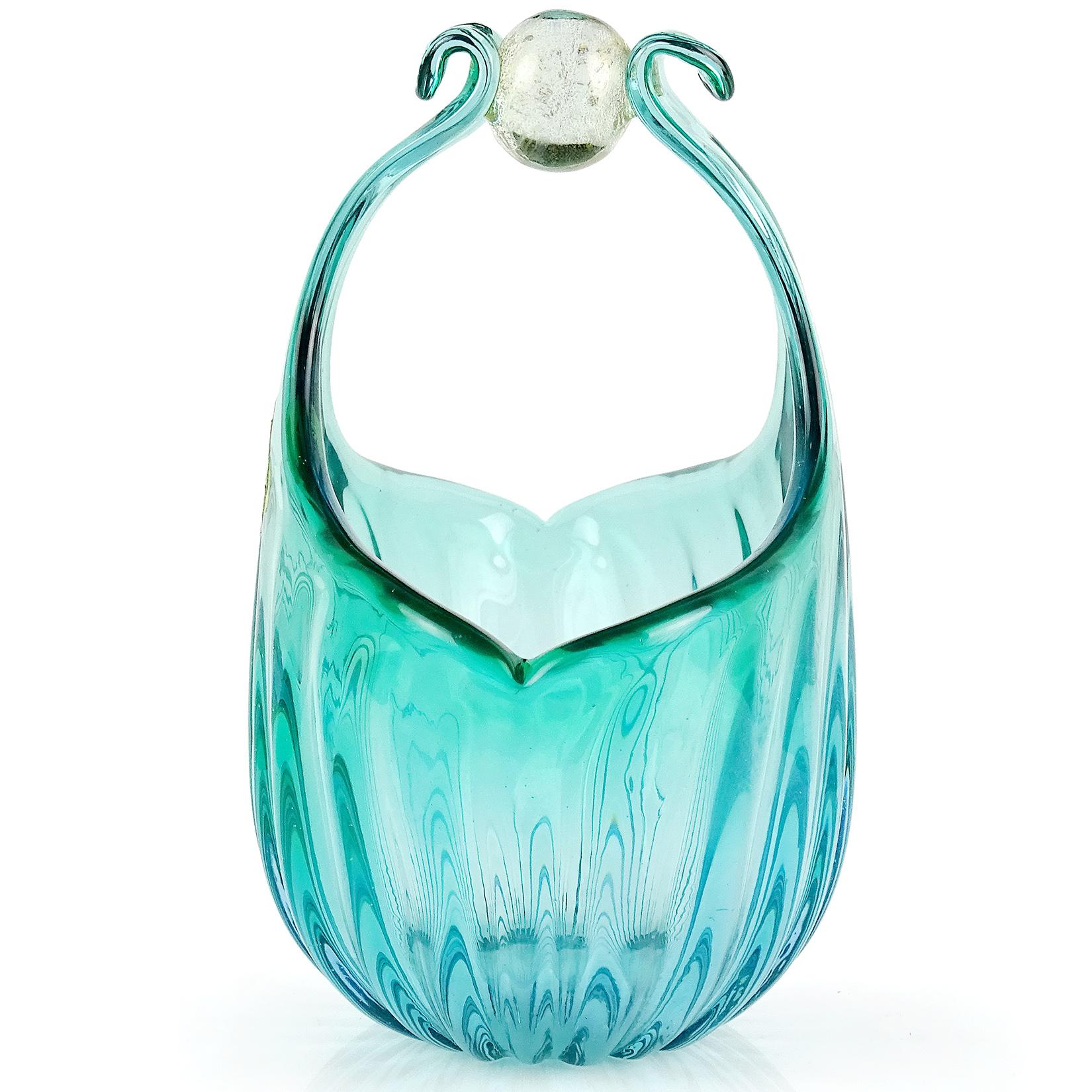 Mid-Century Modern Alfredo Barbini Murano Aqua Gold Flecks Italian Art Glass Flower Basket Vase