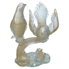 Alfredo Barbini Murano Art Glass Double Bird Sculpture in White and Gold Bubbles