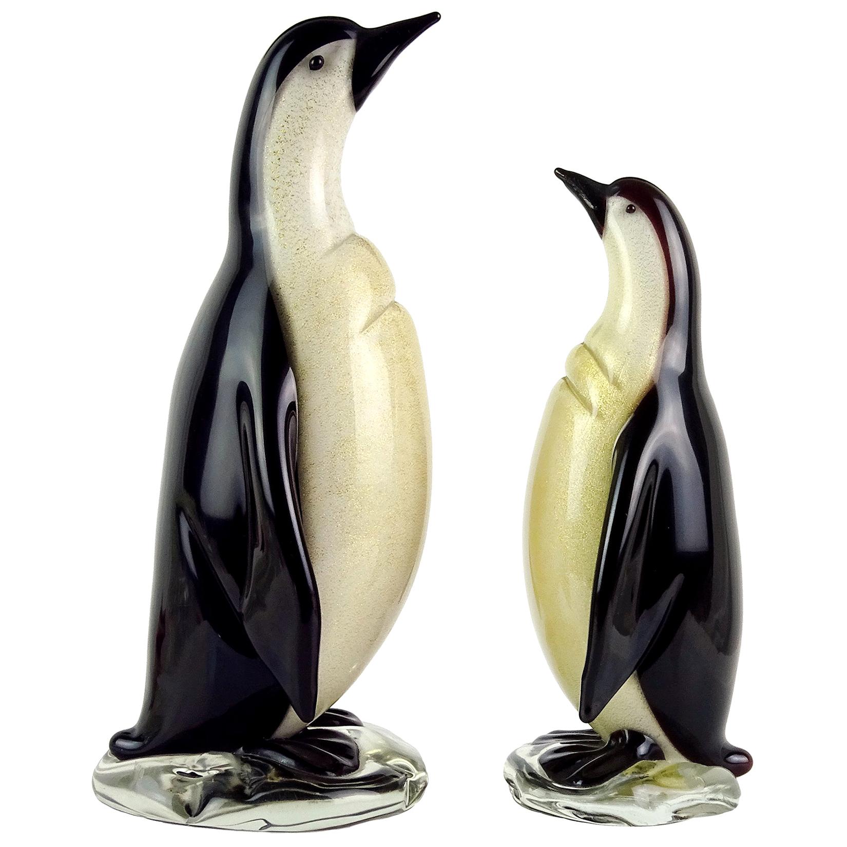 Alfredo Barbini Murano Black Gold Flecks Italian Art Glass Penguin Sculptures