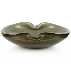 Alfredo Barbini Murano Black Gray Gold Flecks Italian Art Glass Centrepiece Bowl
