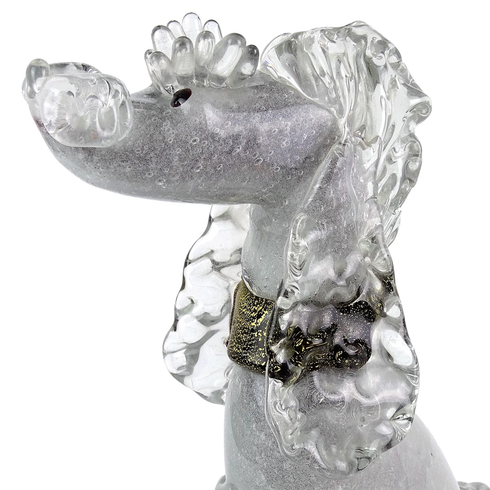 Beautiful and rare Murano hand blown Pulegoso bubbles, black and gold Italian art glass poodle puppy dog sculpture. Documented to designer Alfredo Barbini, circa 1950-1960 and published in his catalog. Highly detailed, even with eyelashes over the