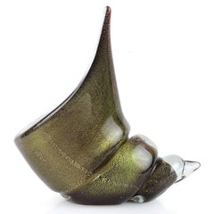 Alfredo Barbini Murano Black White Gold Flecks Italian Art Glass Seashell Bowl