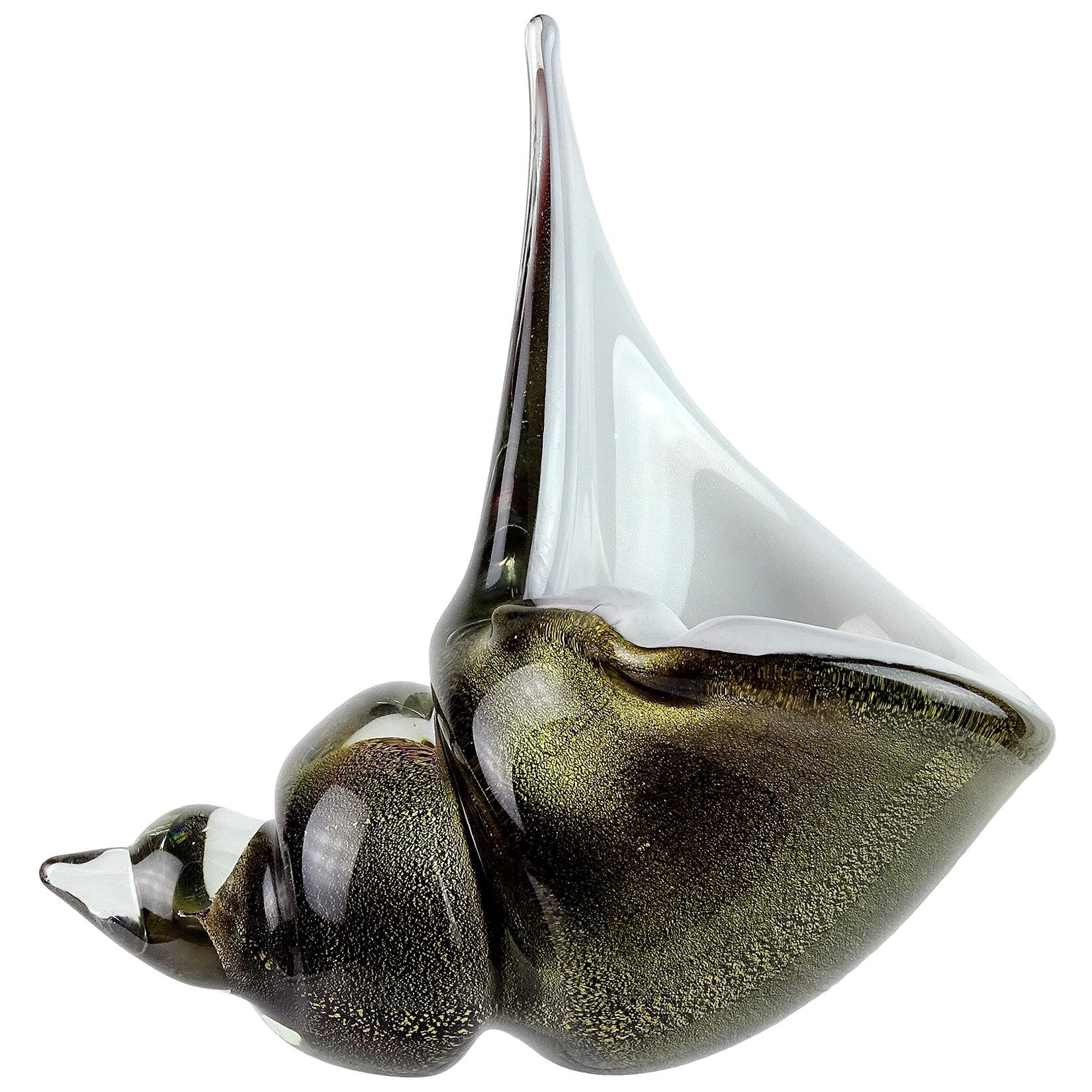 Alfredo Barbini Murano Black White Gold Flecks Italian Art Glass Seashell Bowl