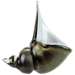 Vintage Alfredo Barbini Murano Black White Gold Flecks Italian Art Glass Seashell Bowl