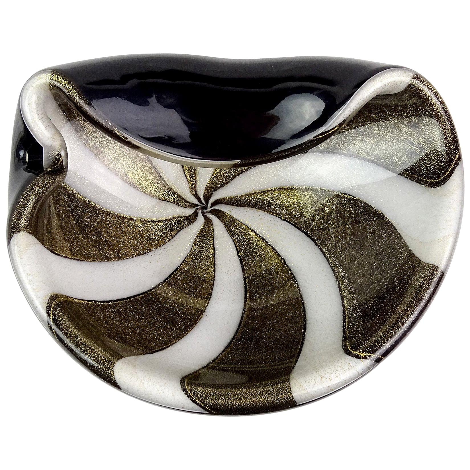 Alfredo Barbini Murano Black White Stripes Gold Flecks Italian Art Glass Bowl