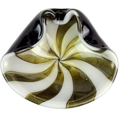 Alfredo Barbini Murano Black White Stripes Gold Flecks Italian Art Glass Bowl