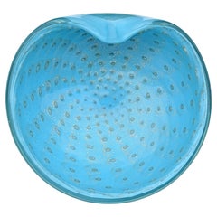 Alfredo Barbini Murano Blue Bubbles Gold Flecks Italian Art Glass Bowl Dish