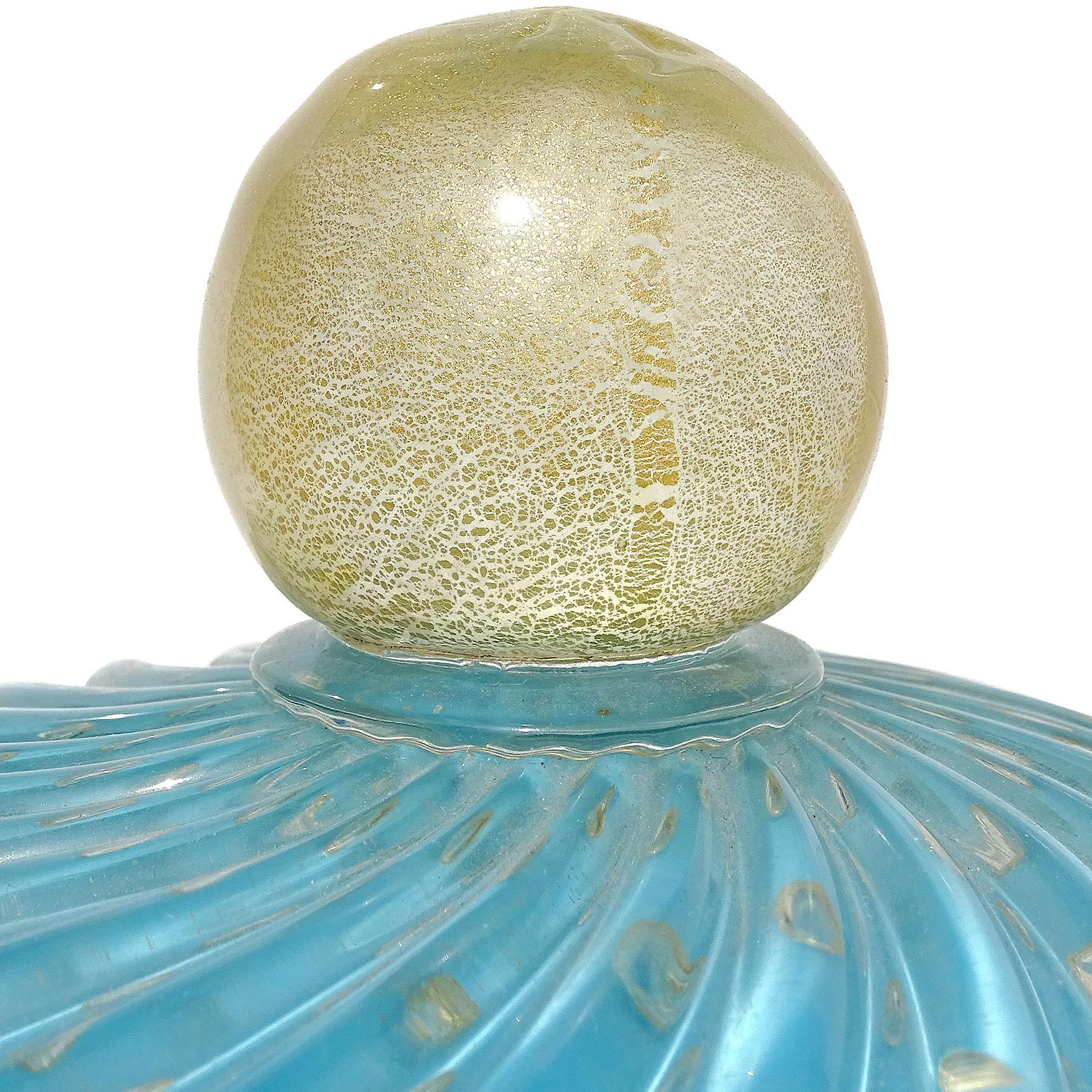 Mid-Century Modern Alfredo Barbini Murano Blue Bubbles Gold Flecks Italian Art Glass Cookie Jar For Sale