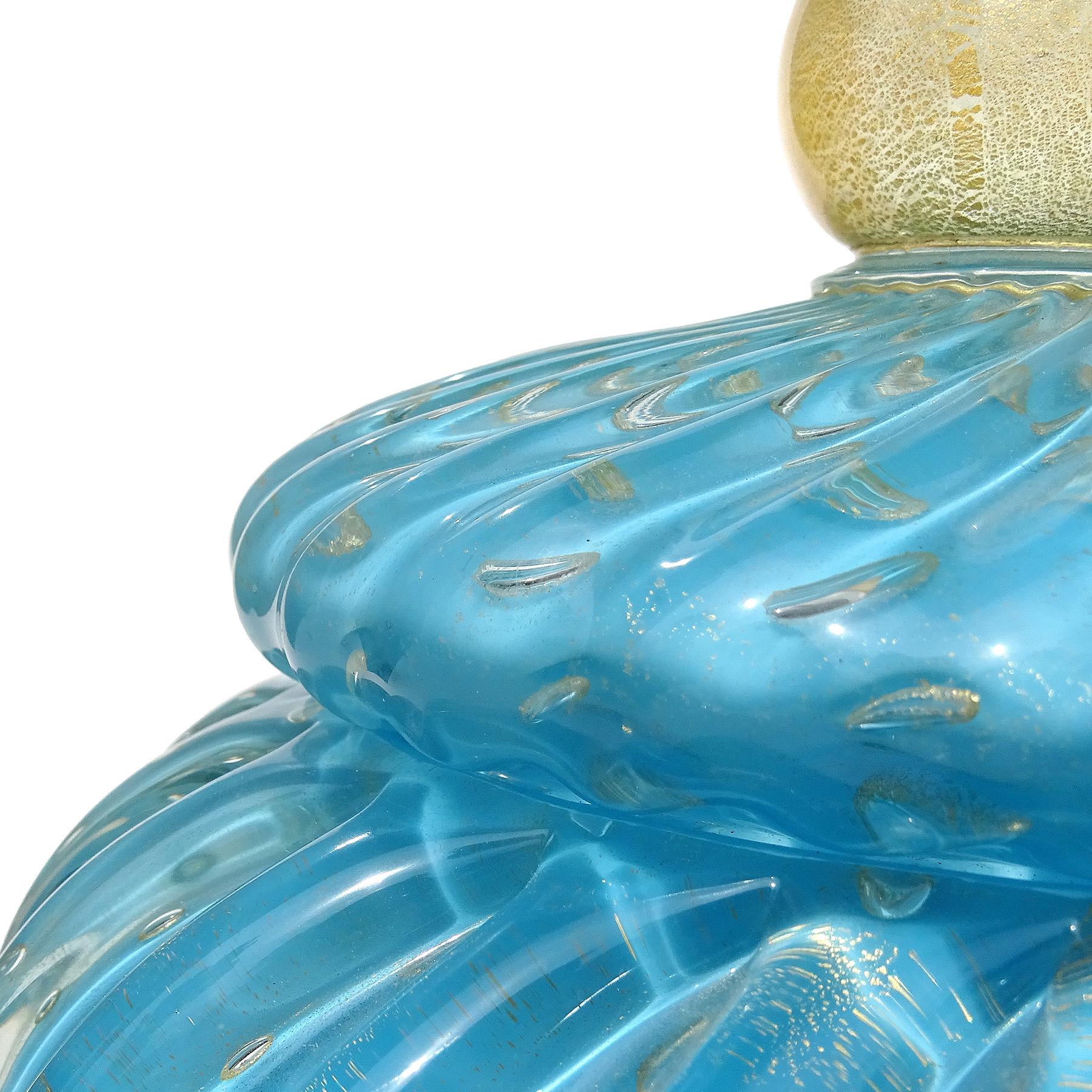 Hand-Crafted Alfredo Barbini Murano Blue Bubbles Gold Flecks Italian Art Glass Cookie Jar For Sale