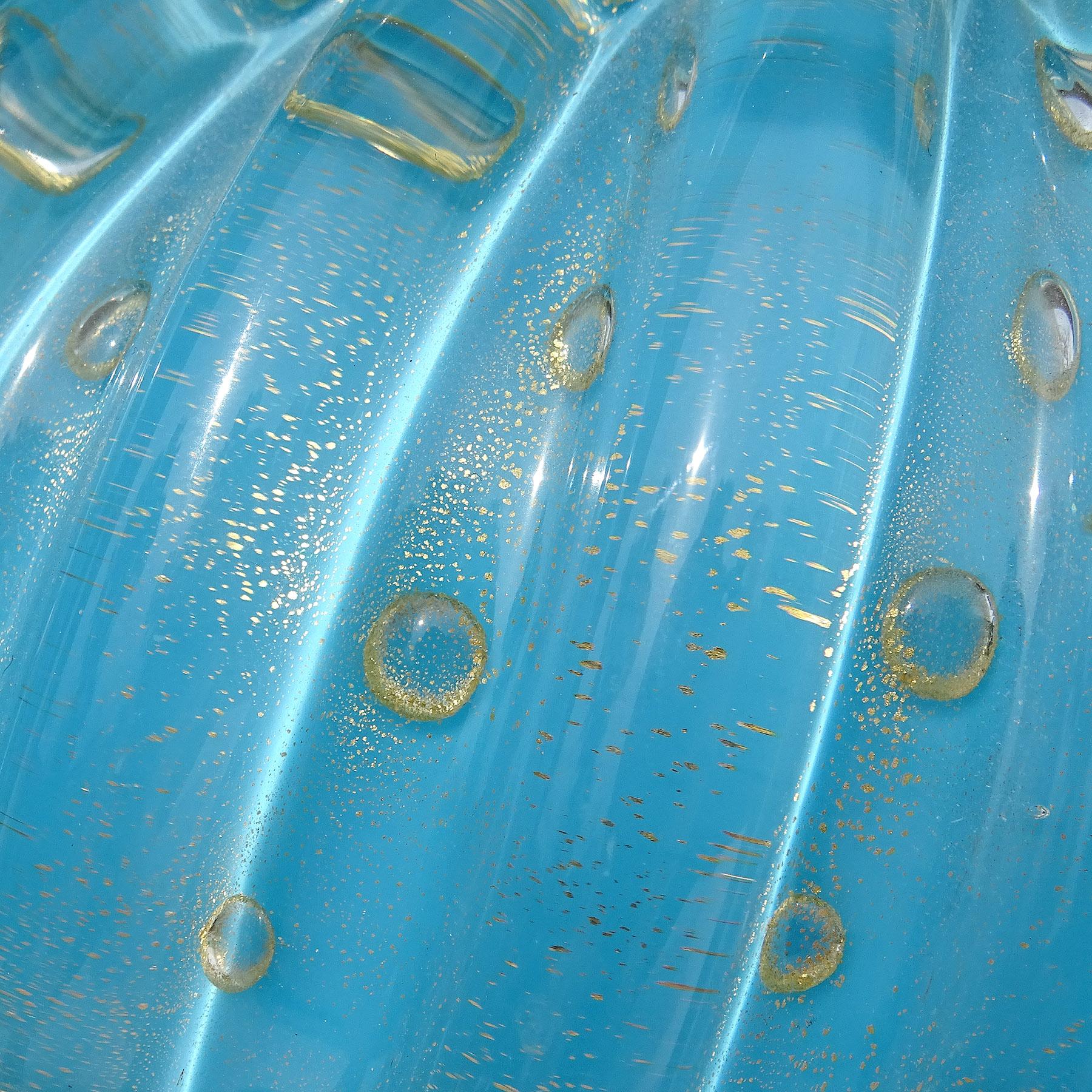 20th Century Alfredo Barbini Murano Blue Bubbles Gold Flecks Italian Art Glass Cookie Jar For Sale
