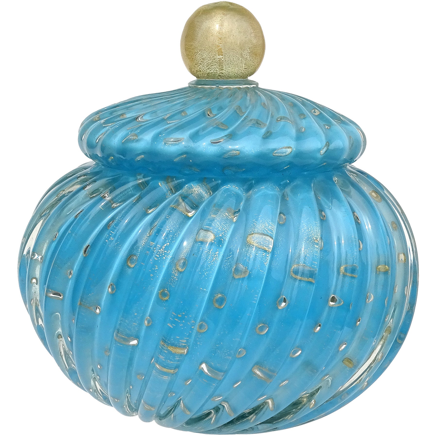Alfredo Barbini Murano Blue Bubbles Gold Flecks Italian Art Glass Cookie Jar For Sale