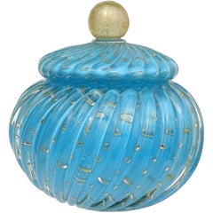 Alfredo Barbini Murano Blue Bubbles Gold Flecks Italian Art Glass Cookie Jar
