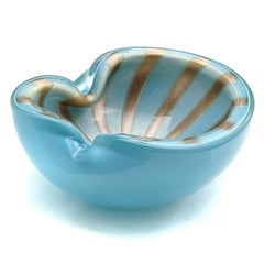 Alfredo Barbini Murano Blue Gold Aventurine Stripes Italian Art Glass Bowl