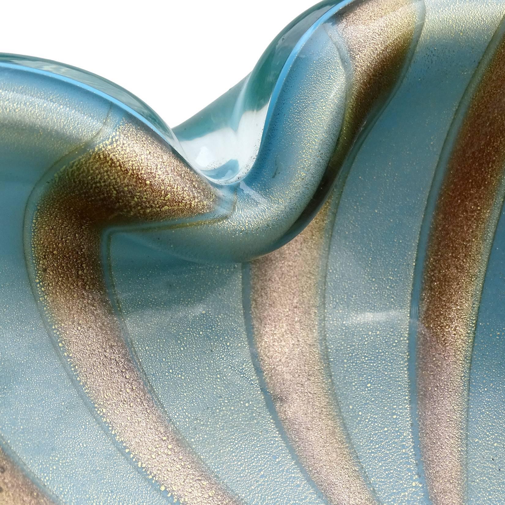 Mid-Century Modern Alfredo Barbini Murano Blue Gold Aventurine Stripes Italian Art Glass Bowl