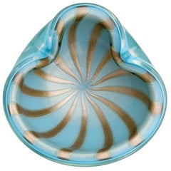 Alfredo Barbini Murano Blue Gold Aventurine Stripes Italian Art Glass Bowl