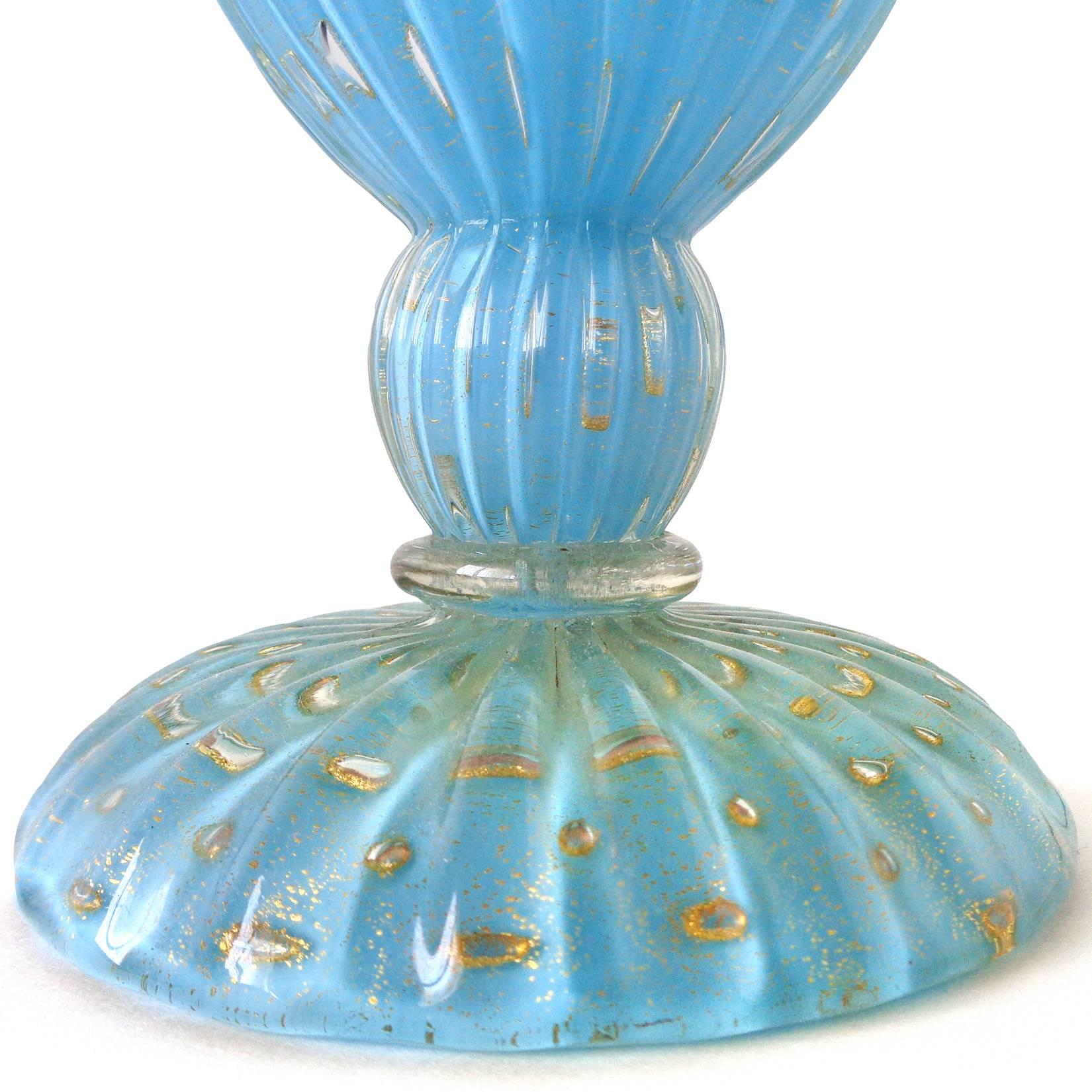 Hand-Crafted Alfredo Barbini Murano Blue Gold Flecks Italian Art Glass 1950s Rocket Decanter For Sale