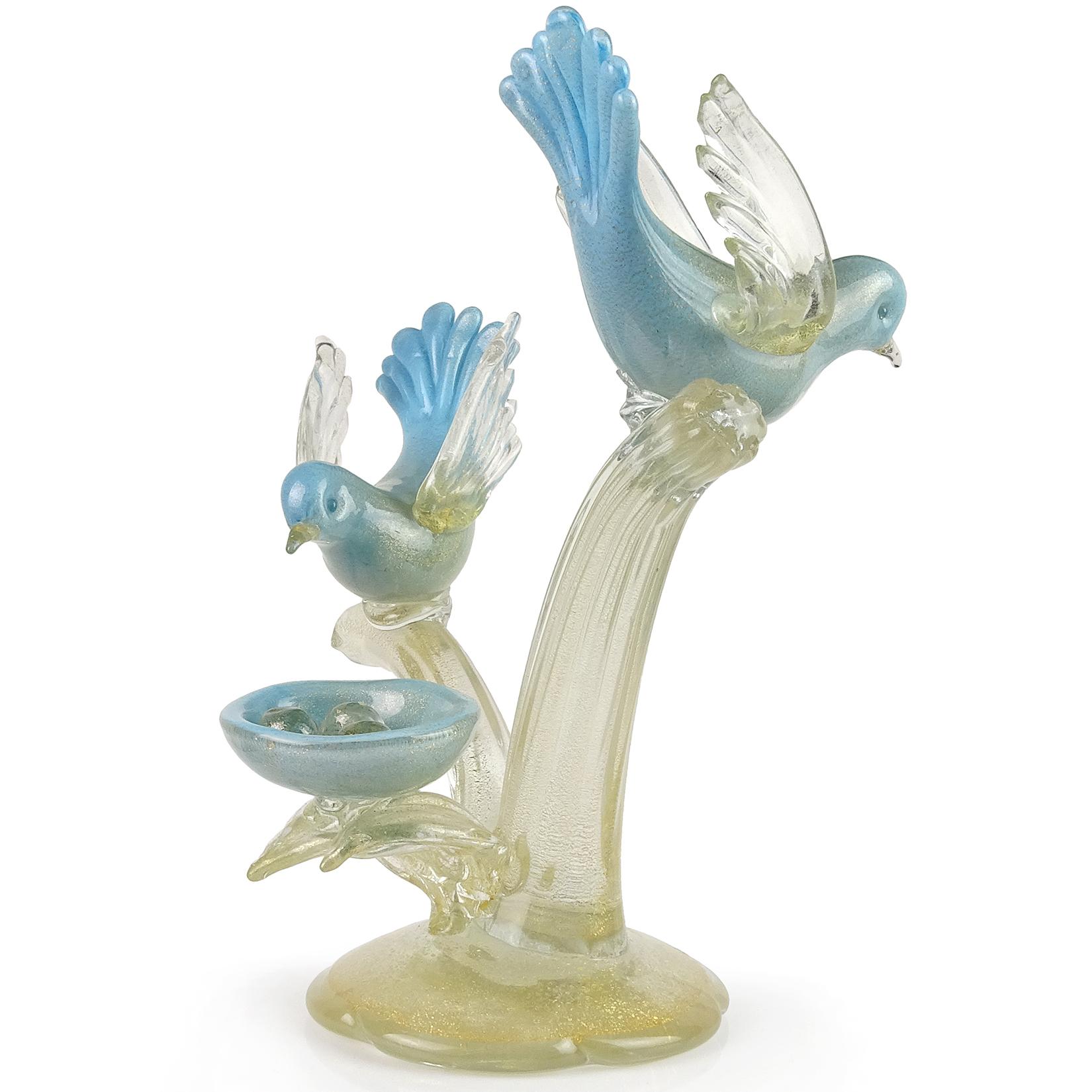 Mid-Century Modern Alfredo Barbini Murano Blue Gold Flecks Italian Art Glass Birds Nest Sculpture