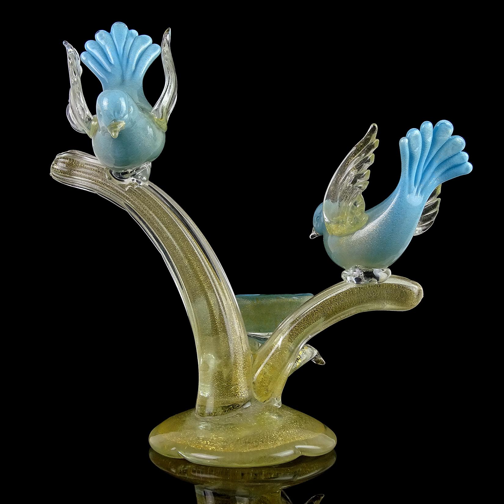 20th Century Alfredo Barbini Murano Blue Gold Flecks Italian Art Glass Birds Nest Sculpture