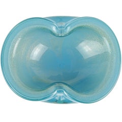Alfredo Barbini Murano Blue Gold Flecks Italian Art Glass Decorative Bowl Dish