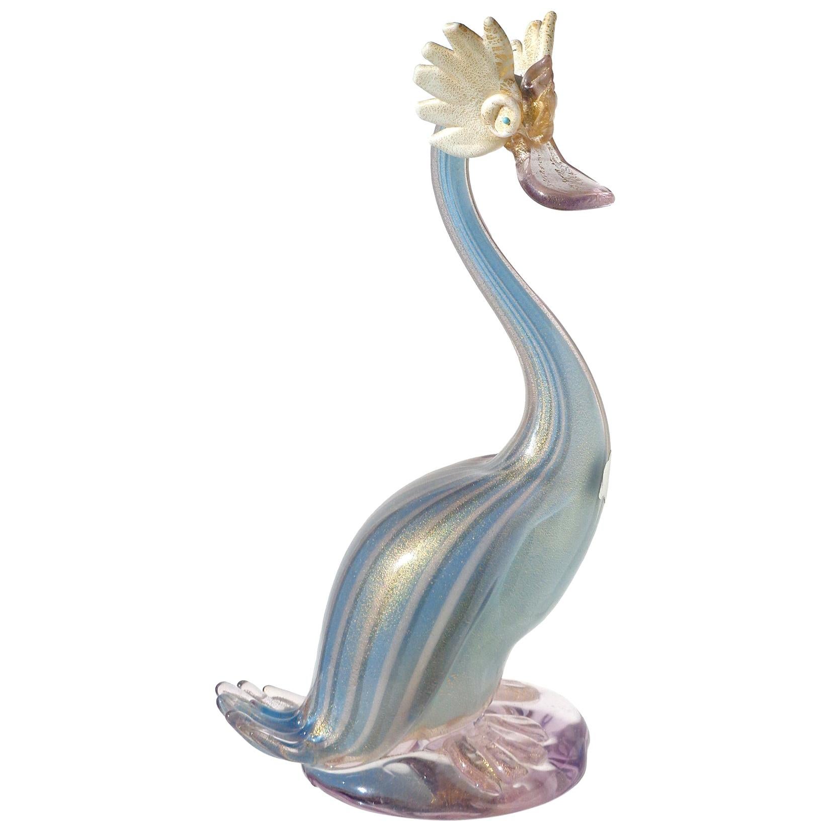 Alfredo Barbini Murano Blue Gold Flecks Italian Art Glass Fantasy Bird Sculpture