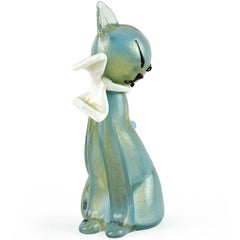 Alfredo Barbini Murano Blue Gold Flecks Italian Art Glass Kitty Cat Sculpture