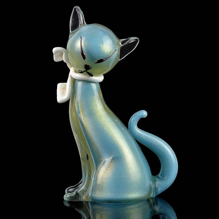 Alfredo Barbini Murano Blue Gold Flecks Italian Art Glass Kitty Cat