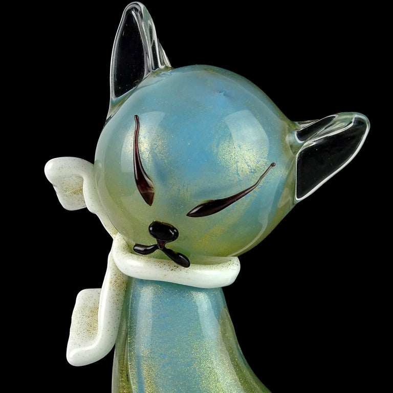 Alfredo Barbini Murano Blue Gold Flecks Italian Art Glass Kitty Cat