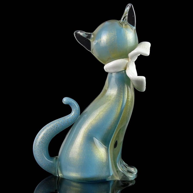 Alfredo Barbini Murano Blue Gold Flecks Italian Art Glass Kitty Cat