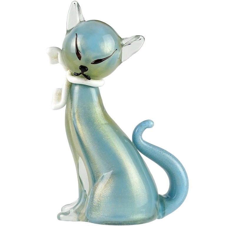 Alfredo Barbini Murano Blue Gold Flecks Italian Art Glass Kitty Cat