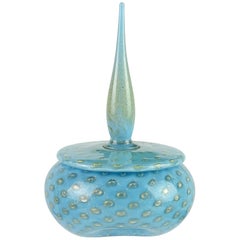 Vanity Puderdose aus italienischem Murano-Kunstglas von Alfredo Barbini in Blau und Gold mit Spike Top