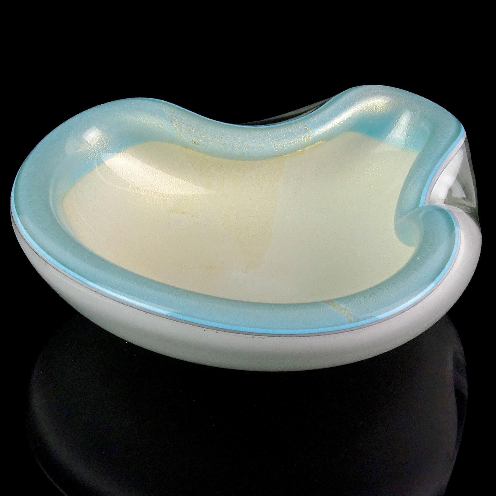 Hand-Crafted Alfredo Barbini Murano Blue Rim White Gold Flecks Italian Art Glass Bowl Dish