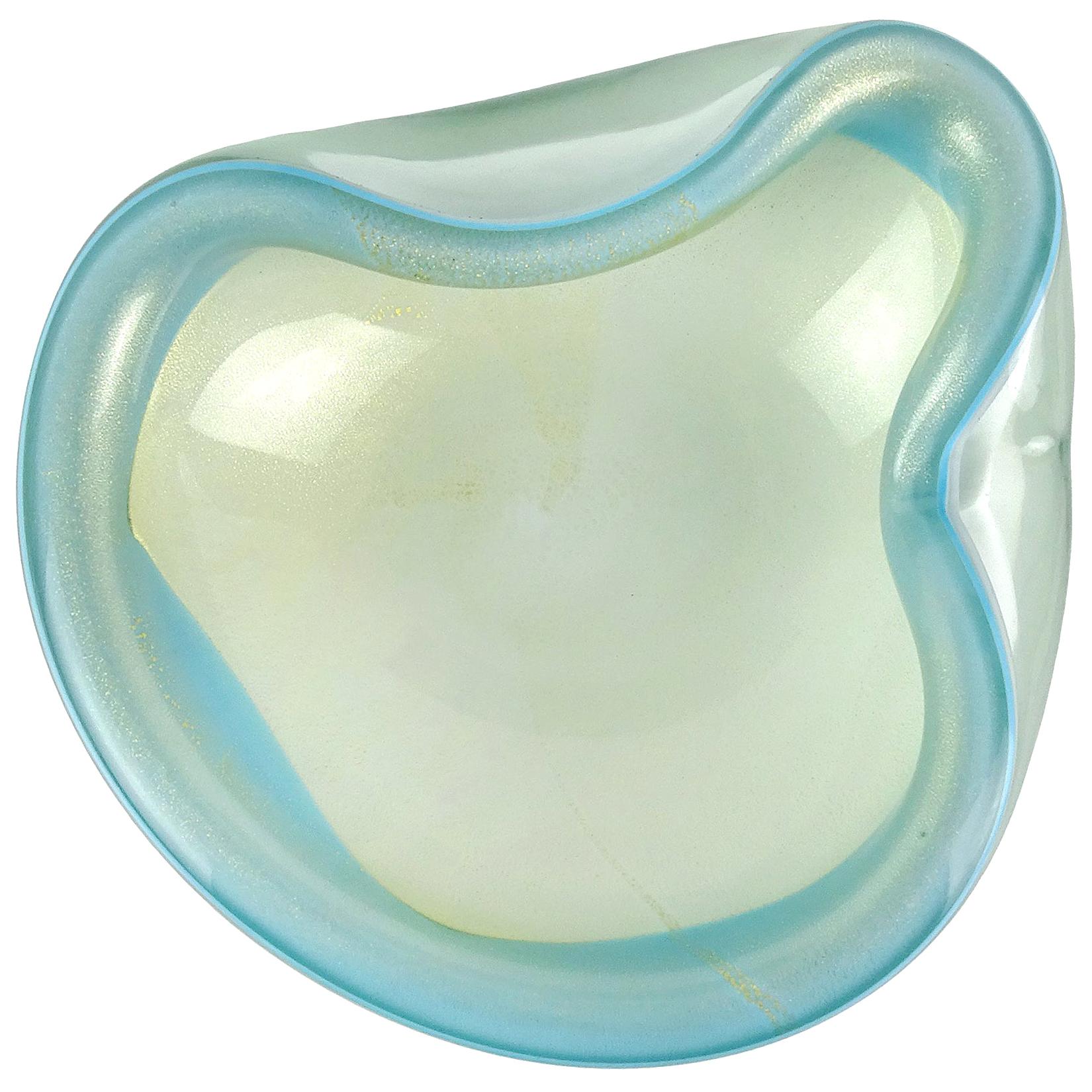 Alfredo Barbini Murano Blue Rim White Gold Flecks Italian Art Glass Bowl Dish