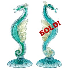 Alfredo Barbini Murano Blue Sea Horse Hippocampus Italian Art Glass Sculptures