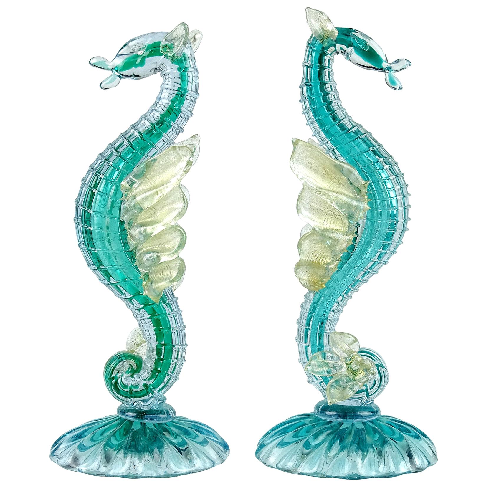 Alfredo Barbini Murano Blue Sea Horse Hippocampus Italian Art Glass Sculptures