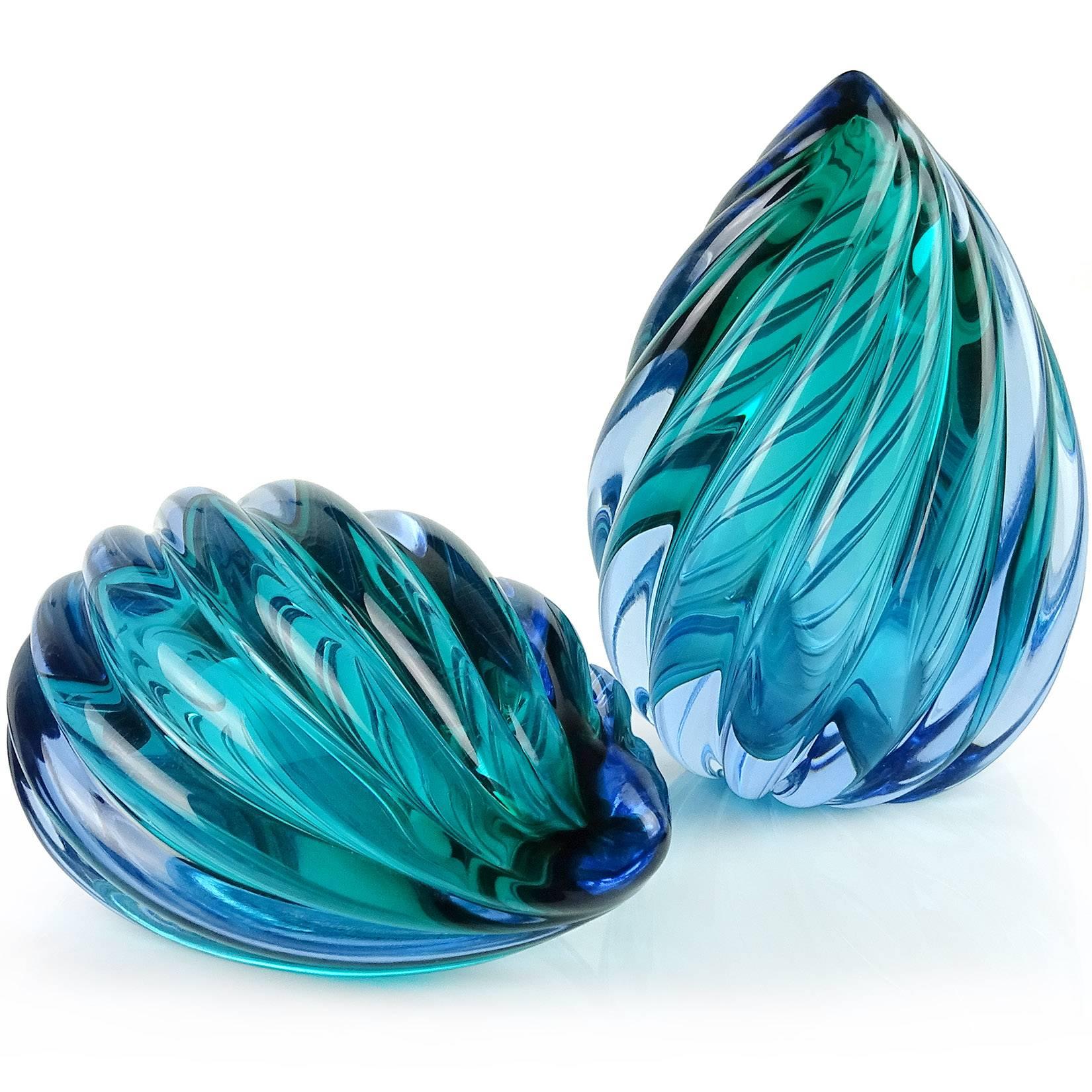 Mid-Century Modern Alfredo Barbini Murano Blue Sommerso Twisted Flame Italian Art Glass Bookends
