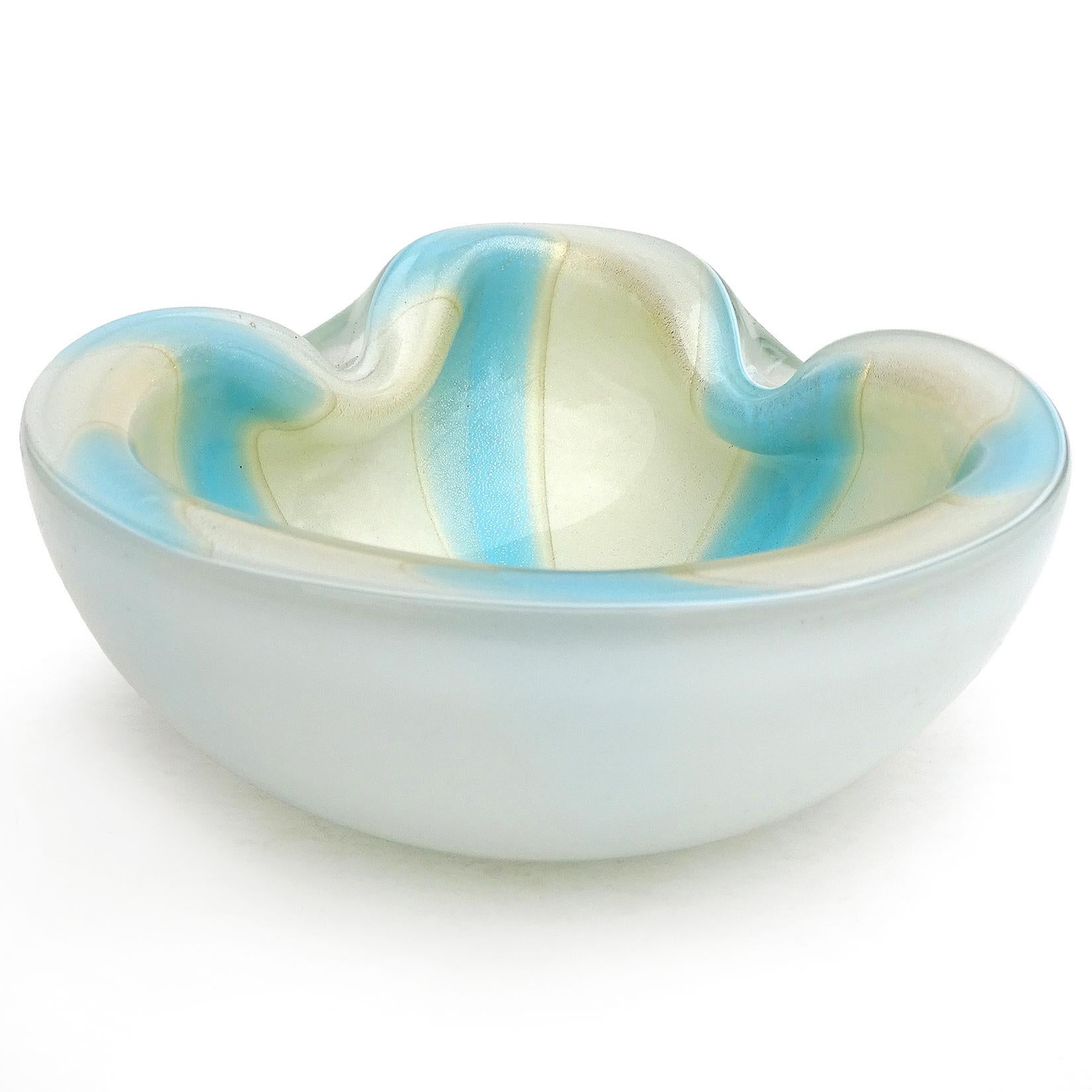 Price Per Item (2 available). Beautiful vintage Murano hand blown white, blue stripes and gold flecks Italian art glass bowl. Documented to designer Alfredo Barbini, circa 1950-1960. Published in his catalog. Can be used a display piece on any