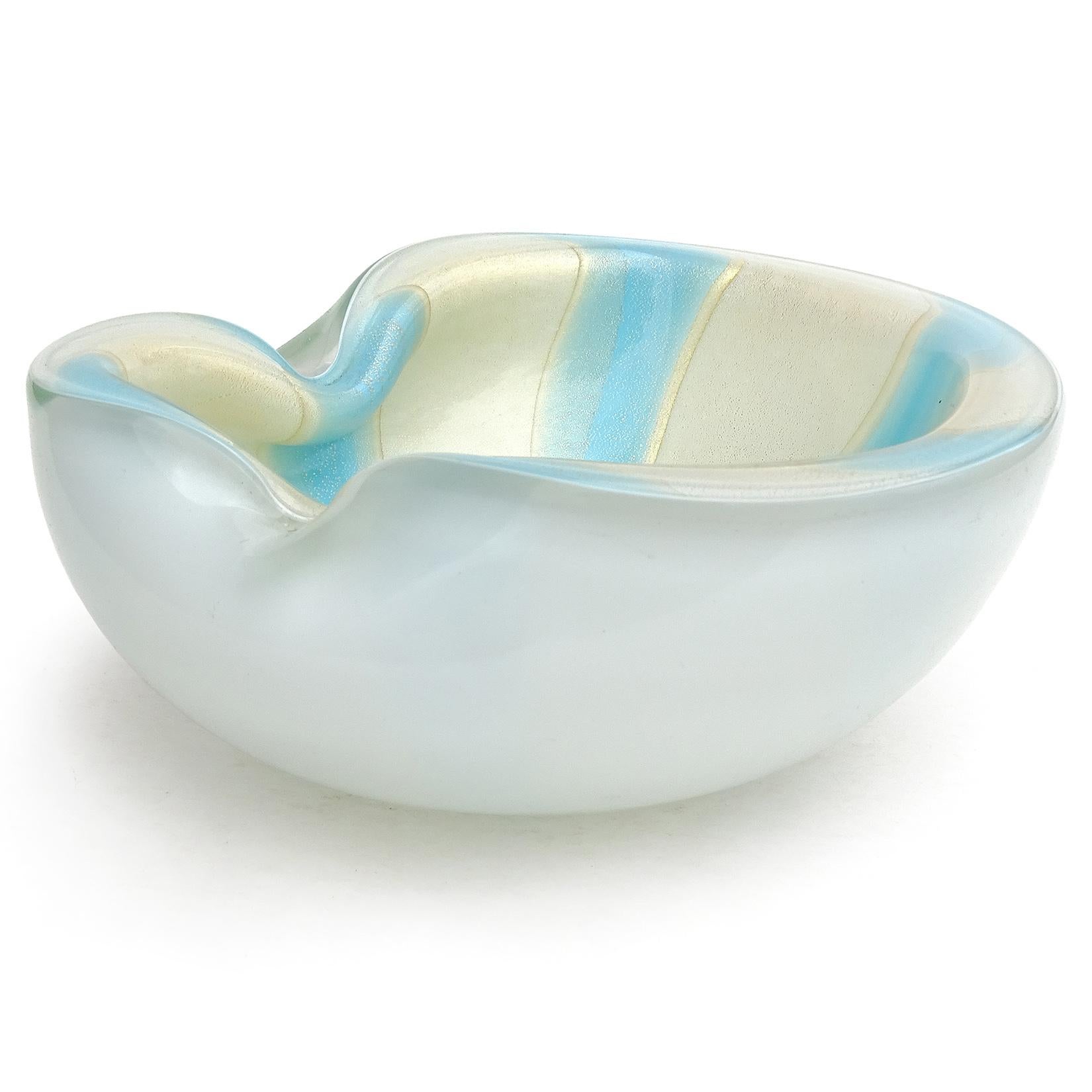Hand-Crafted Alfredo Barbini Murano Blue White Gold Flecks Italian Art Glass Decorative Bowl For Sale