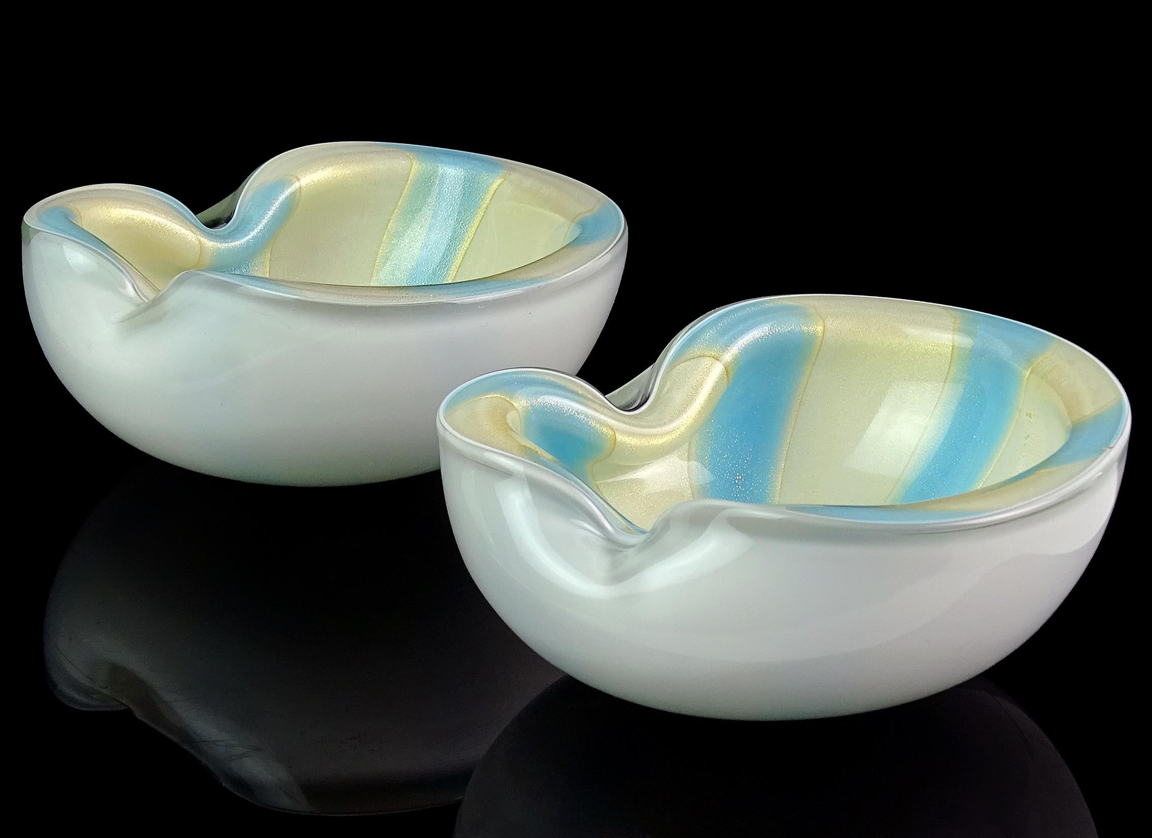 Alfredo Barbini Murano Blue White Gold Flecks Italian Art Glass Decorative Bowl For Sale 1